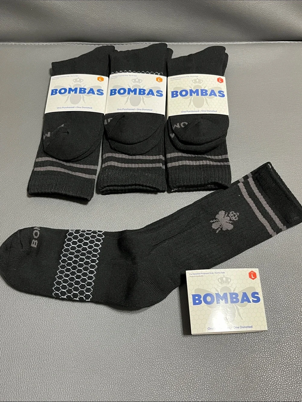 Bombas 4 pack Black Crew Socks with Gray Stripes